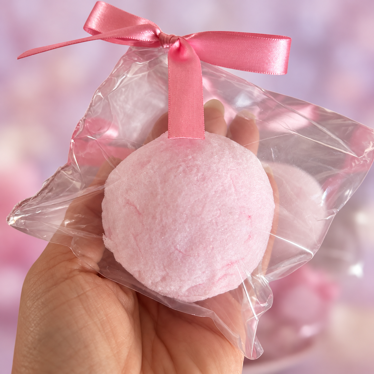 Algodão-doce rosa para drinks, em embalagem transparente com laço